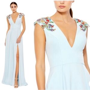 Mac Duggal $538 Size 16 Beaded Cap Sleeve Powder Blue Vneck Aline 26540 Gown